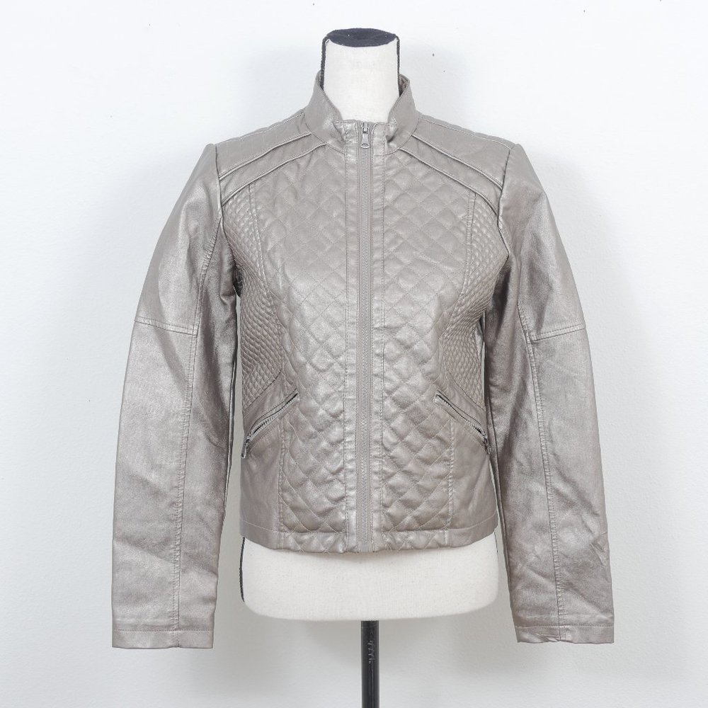 B Collection Metallic Bronze Moto Style Size L Faux Leather Biker Babe Jacket